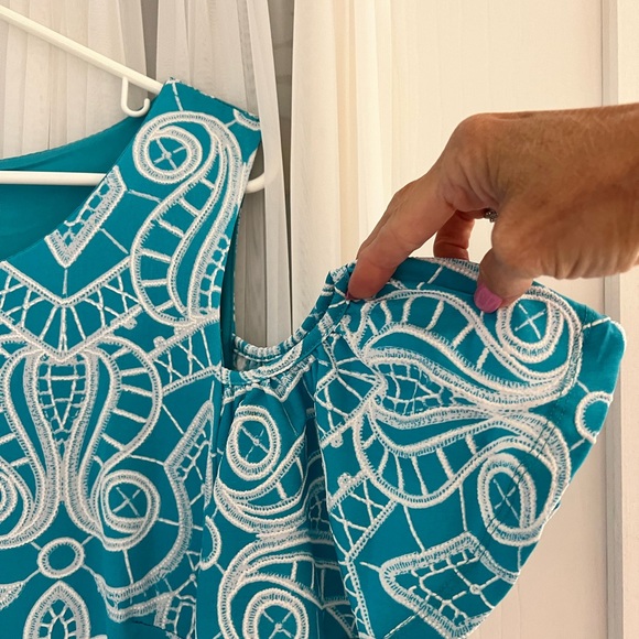 NEW - Turquoise, Off the Shoulder dress with wh. raised design, sz. 16 - Picture 2 of 5